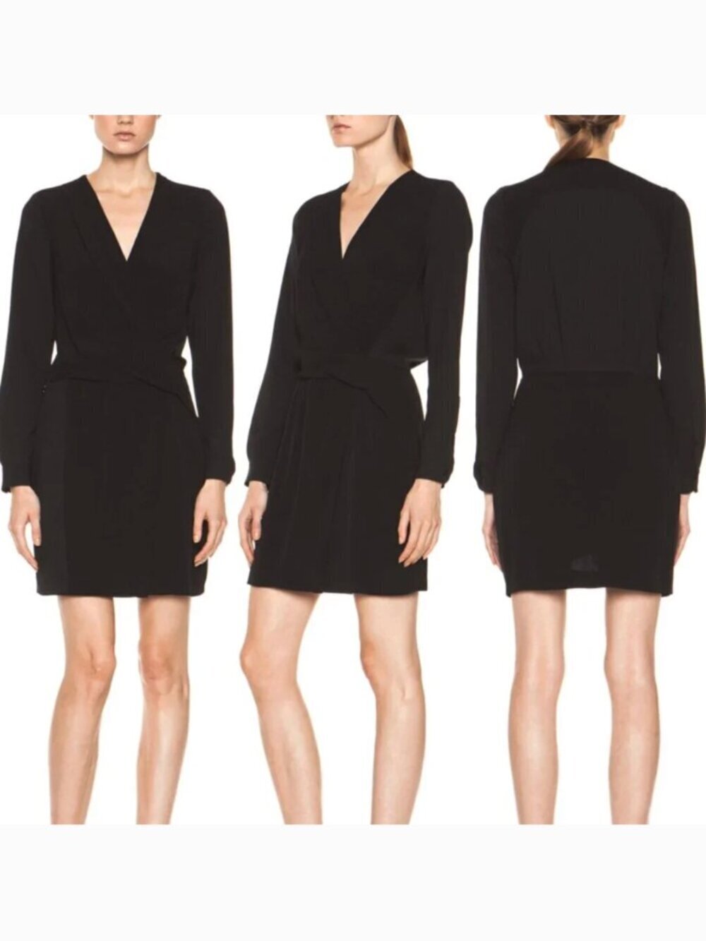 DIANE VON FURSTENBERG DVF Cassie Dress Solid Black Long Sleeve Faux Wrap Dress
